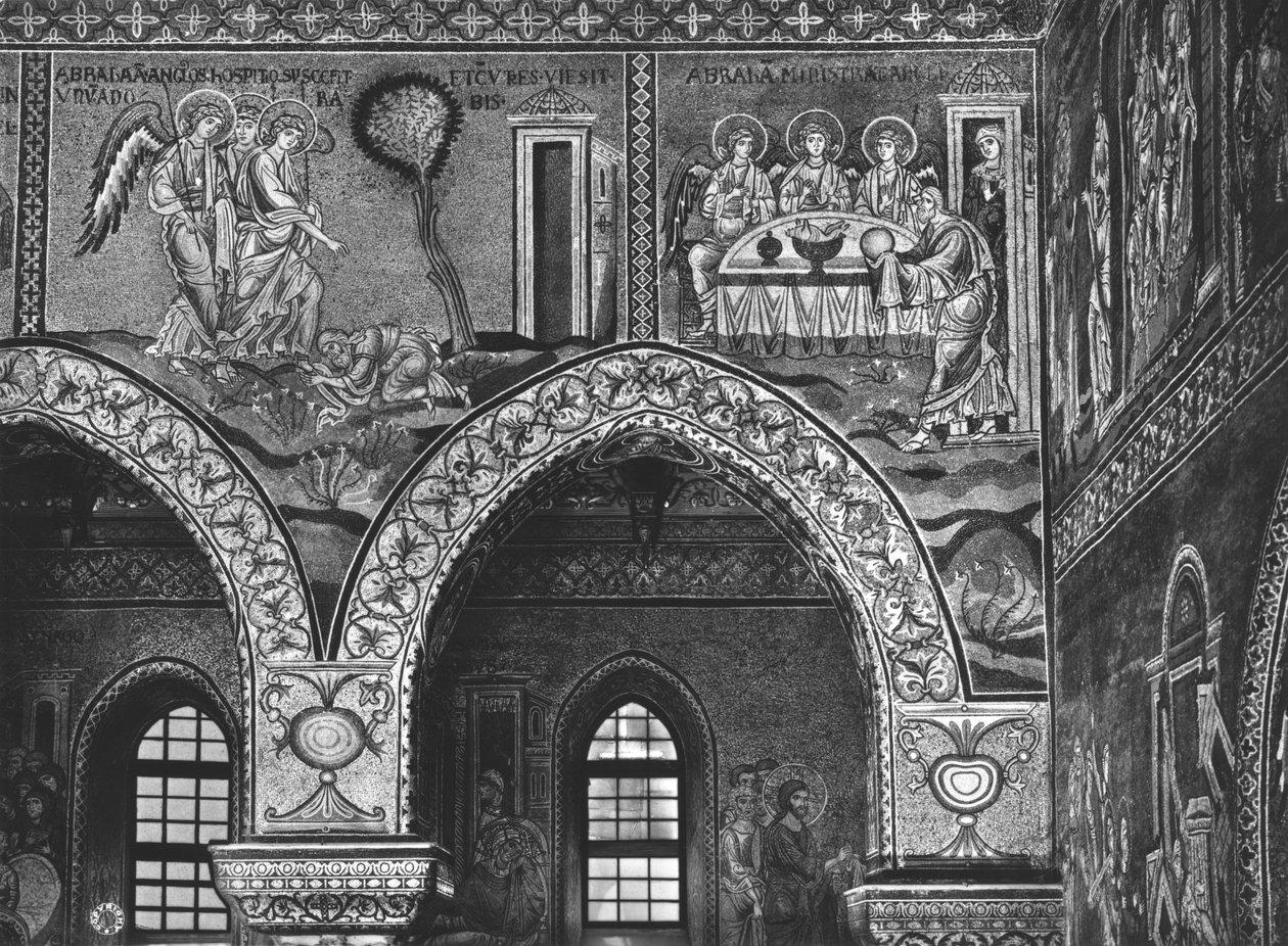 Aparición de los Tres Ángeles a Abraham y la hospitalidad de Abraham, c.1182 (mosaico) de Byzantine School