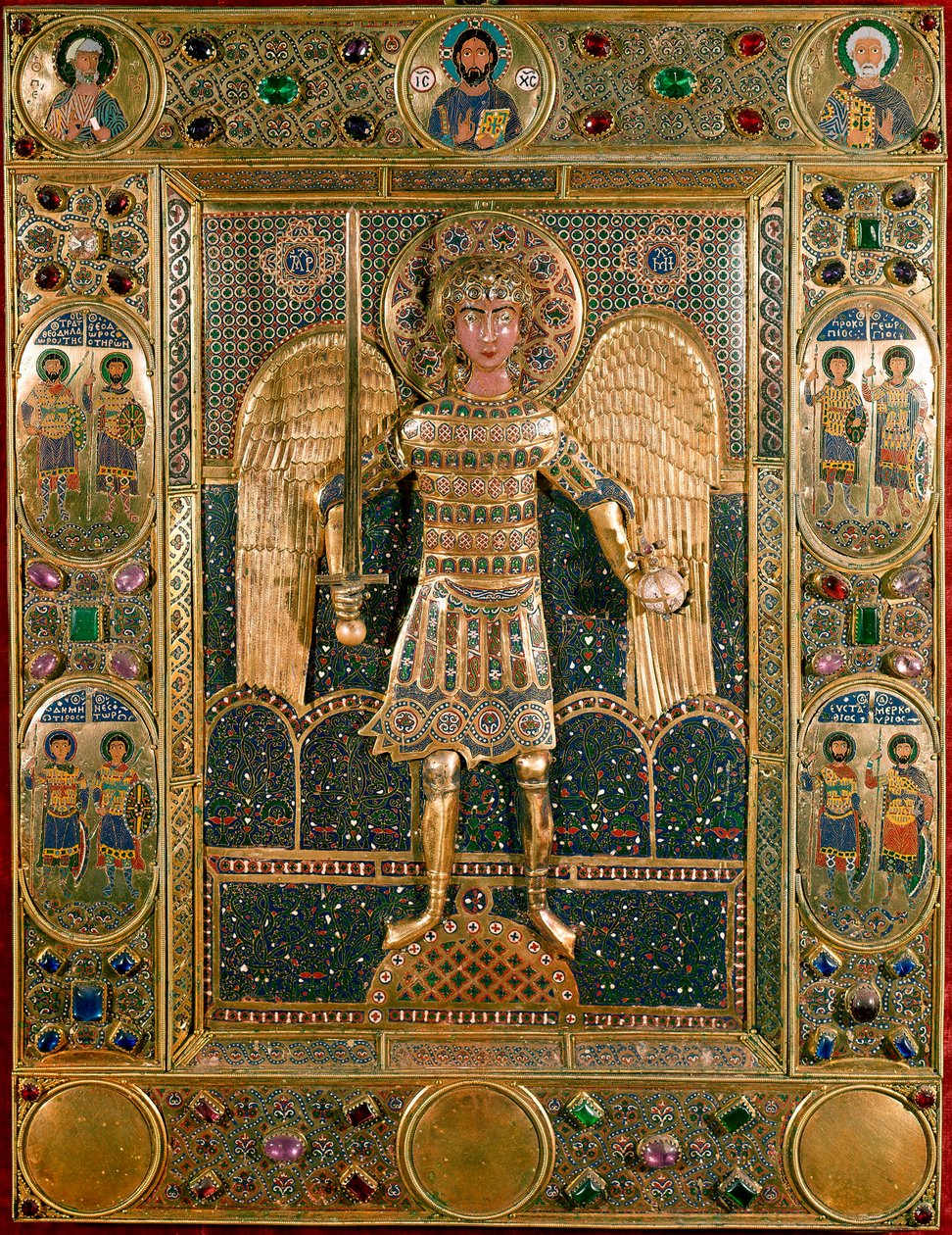 Arte bizantino: Encuadernación de Misal decorada con la representación del Arcángel San Miguel - Hojas doradas y esmaltes de Byzantine School