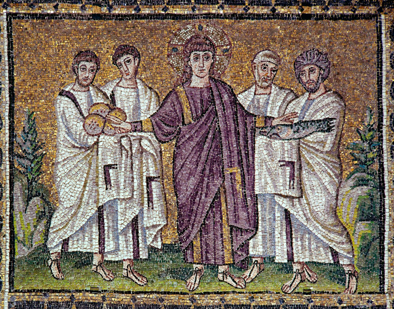 Arte bizantino: "La multiplicación de los panes y los peces" Mosaico del siglo VI. Basílica de San Apolinar Nuovo de Rávena (Sant