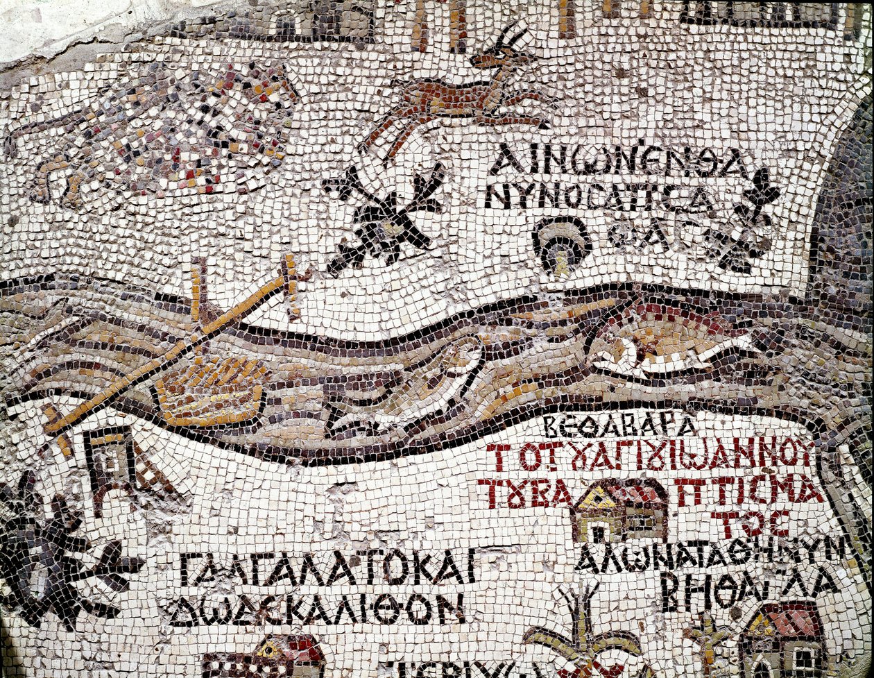 Arte bizantino: el mapa más antiguo de Palestina. Detalle que representa el río Jordán y su desembocadura en el Mar Muerto. Mosaico del siglo VI. Madaba, Iglesia de San Jorge de Byzantine School