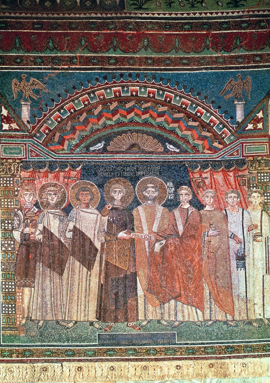 Constantino IV (654-85) otorgando privilegios al obispo Reparato para la iglesia de Rávena, 671-77 de Byzantine School