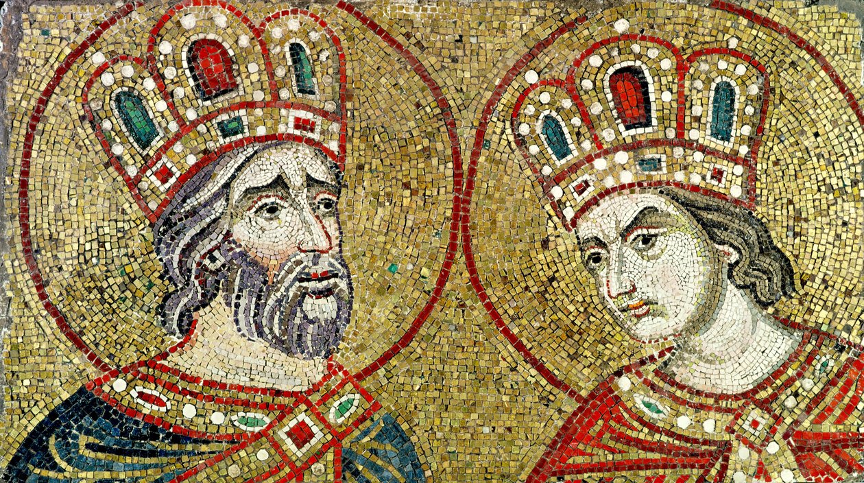 Constantino el Grande (270-337) y Santa Elena (mosaico) de Byzantine School