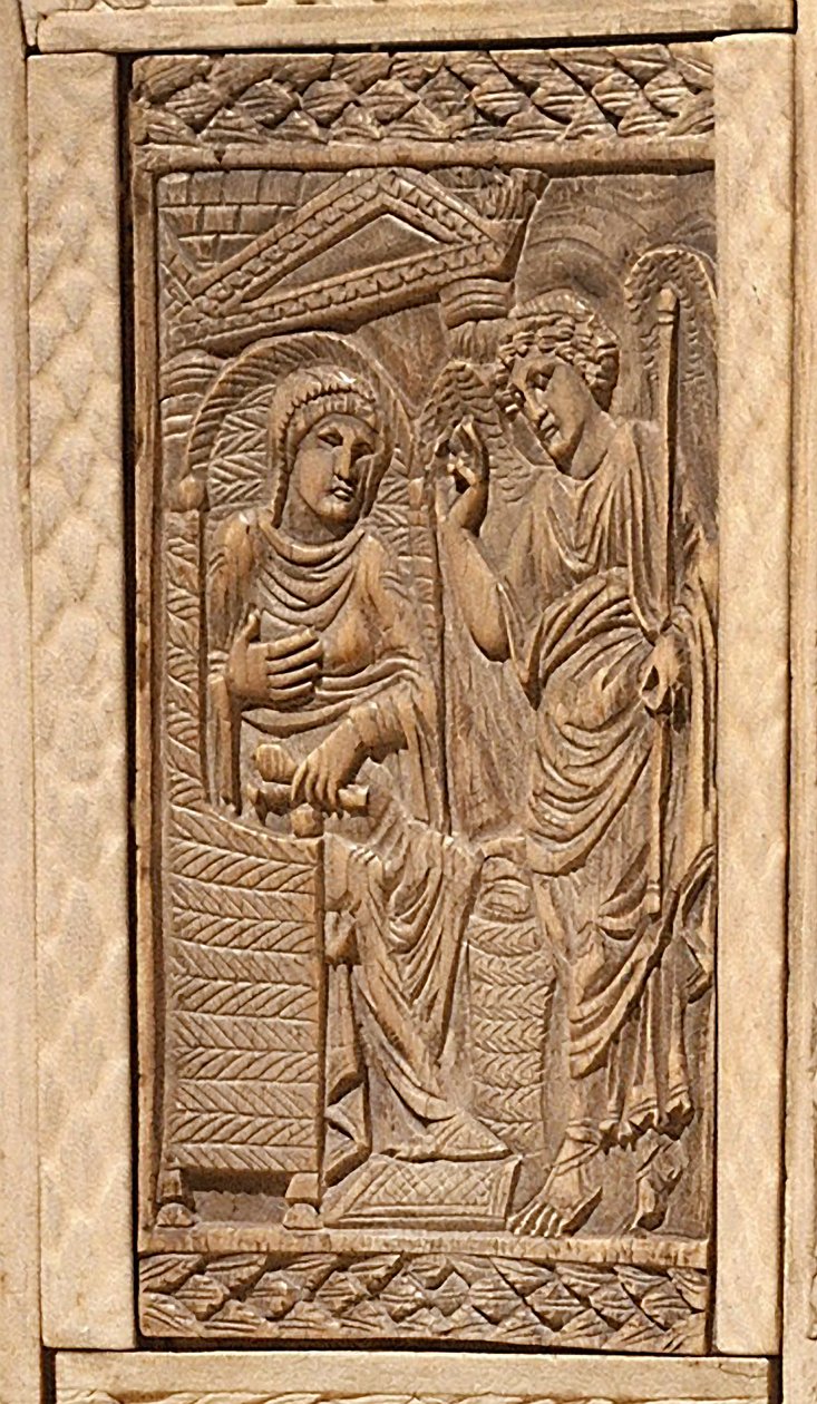 (Detalle) de la Anunciación, de la silla del Obispo Maximiano (madera incrustada y marfil) de Byzantine School