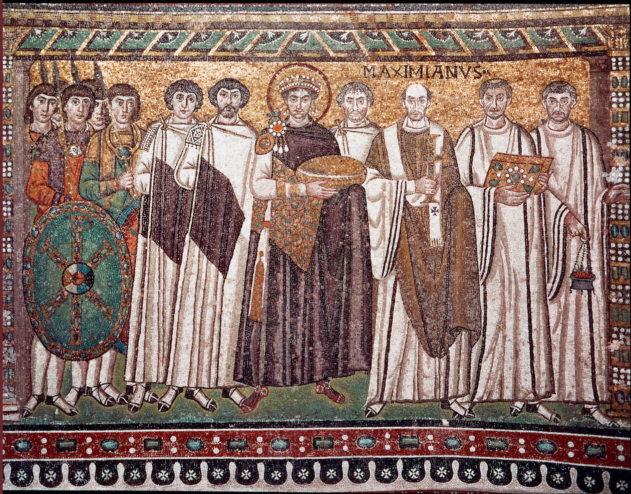 El emperador Justiniano I y su séquito de funcionarios, guardias y clérigos, hacia 547 d.C. (mosaico) de Byzantine School