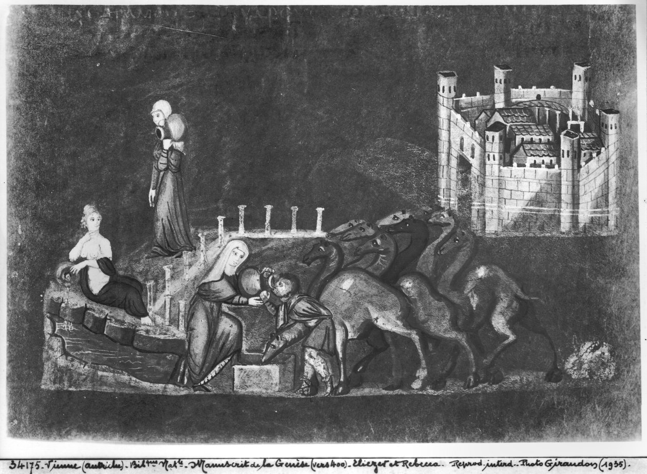 Gr 31 fol.7r Rebeca y Eliezer en el pozo, del Génesis de Viena de Byzantine School