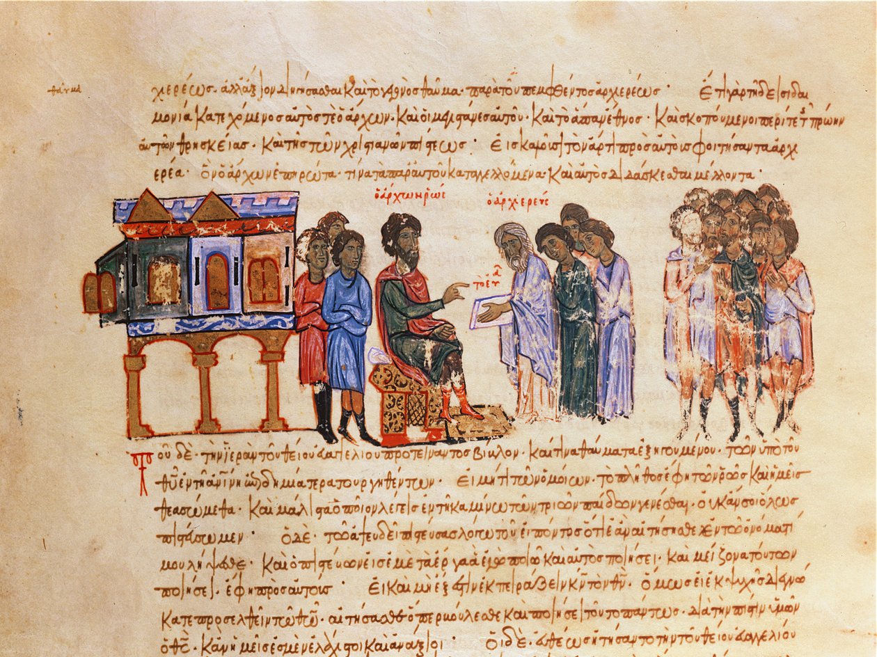 MMS Vitr 26-7 Embajador de Kiev enviado por el rey Vladimir (978-1015) es informado sobre el cristianismo por un obispo bizantino, del Skylitzes de Madrid de Byzantine School