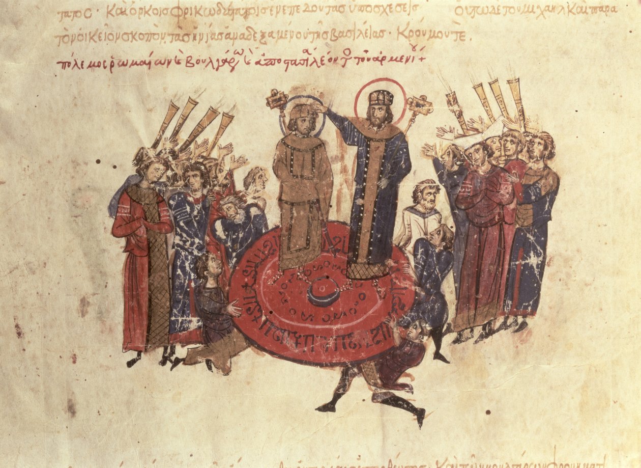 MMS Vitr. 26-7 Emperador Miguel I Rangabes coronado por Nicéforo en 811, de los Skylitzes de Madrid de Byzantine School