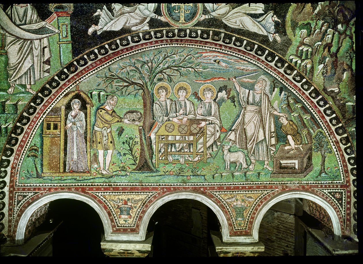 La Hospitalidad de Abraham y el Sacrificio de Isaac, siglo VI (mosaico) de Byzantine School
