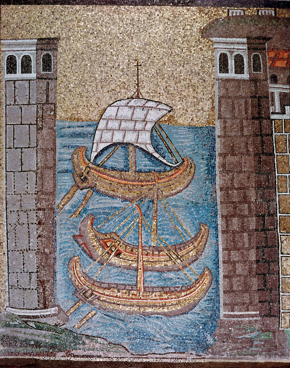 Vista de barcos en el puerto de Classe (detalle) de Byzantine School