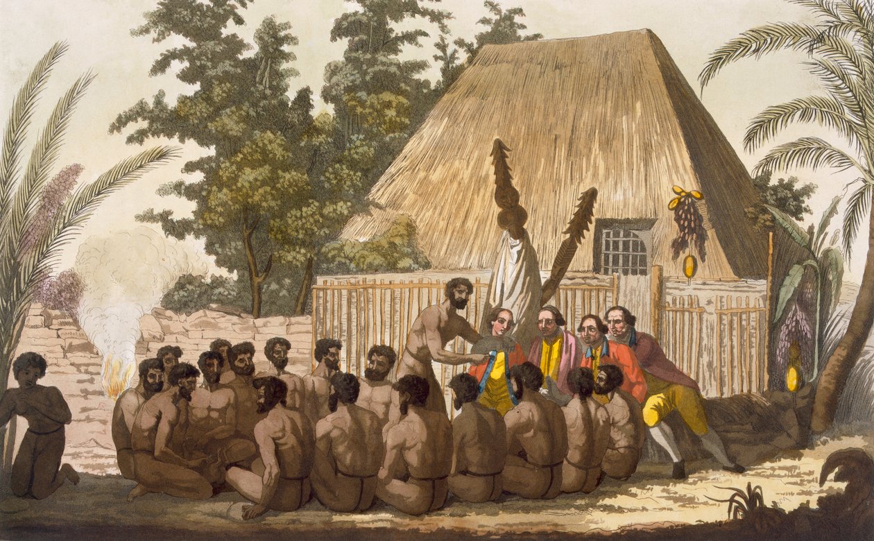 Una ofrenda ante el Capitán Cook, reconociéndolo como una encarnación del dios Lomo, enero de 1779, grabado por Angelo Biasioli de C. Bottigella