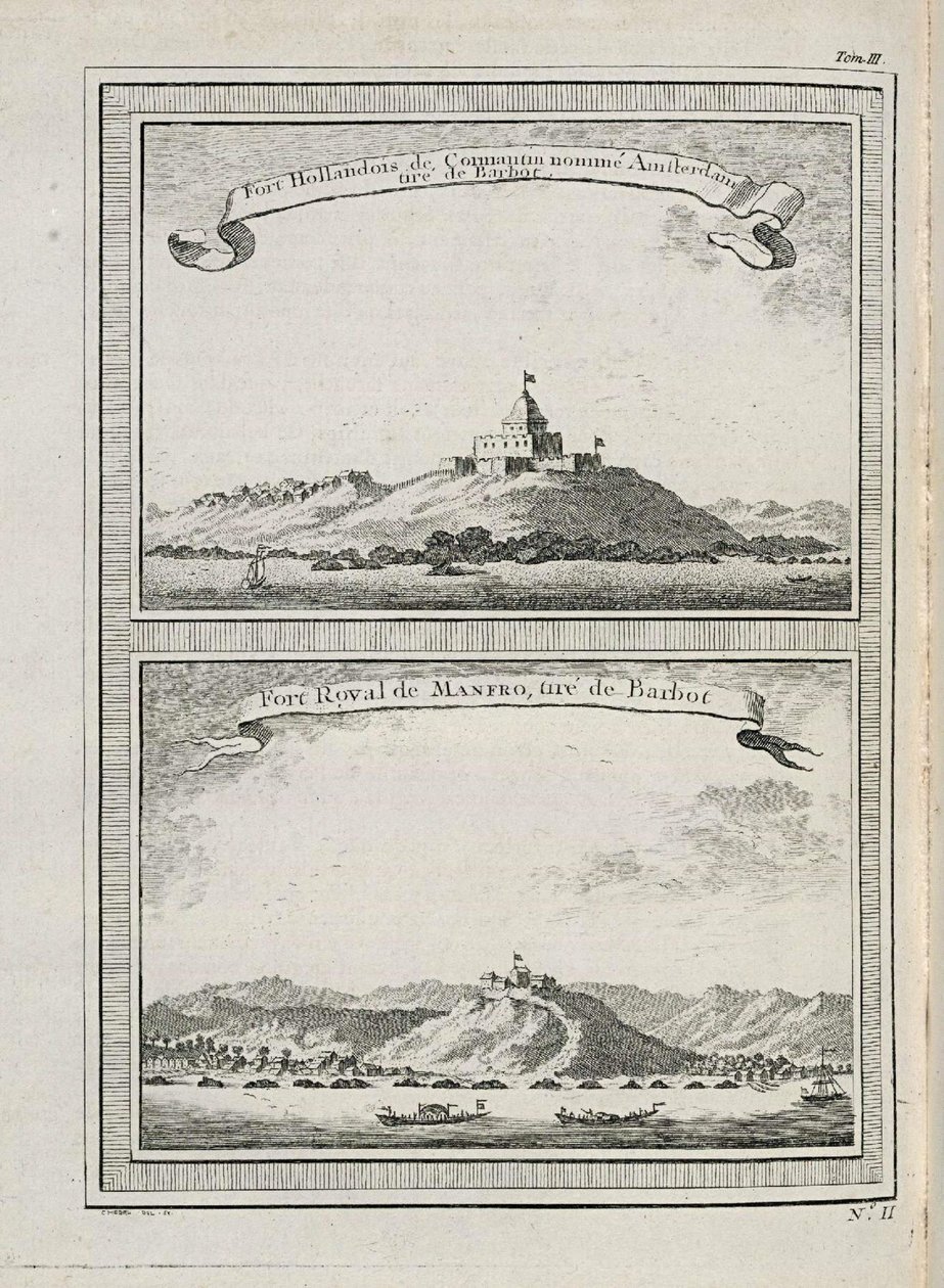 Vista de los fuertes de Ámsterdam en Cormantin y el fuerte de Groot Frederiksborg en Princes Town de C. Hedel