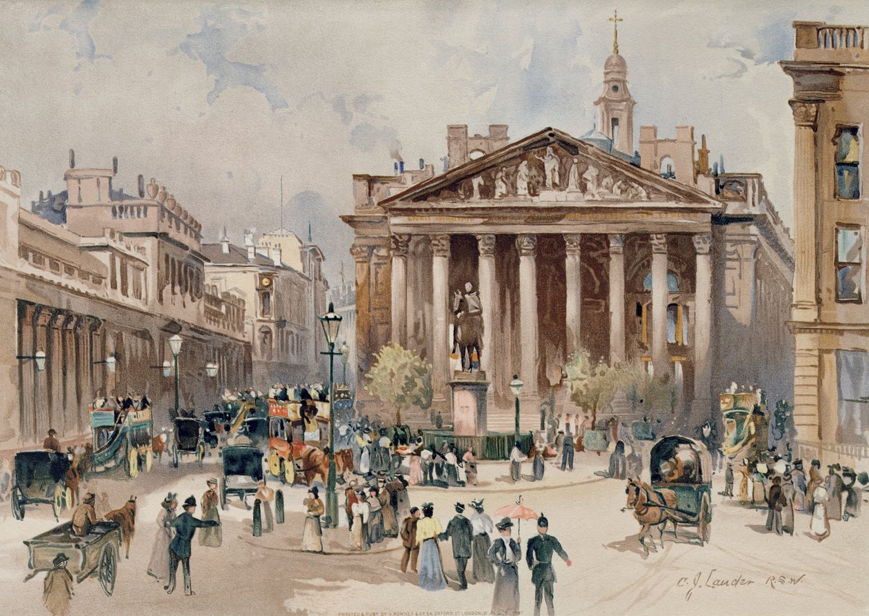 Vista del Royal Exchange, Ciudad de Londres, pub. por G. Rowney, 1897 de C. J. Lander