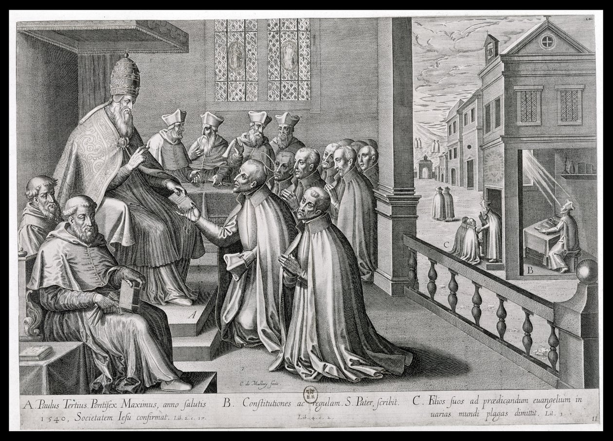El Papa Pablo III (1468-1549) Recibiendo la Regla de la Sociedad de Jesús, 1540 de C. Malloy