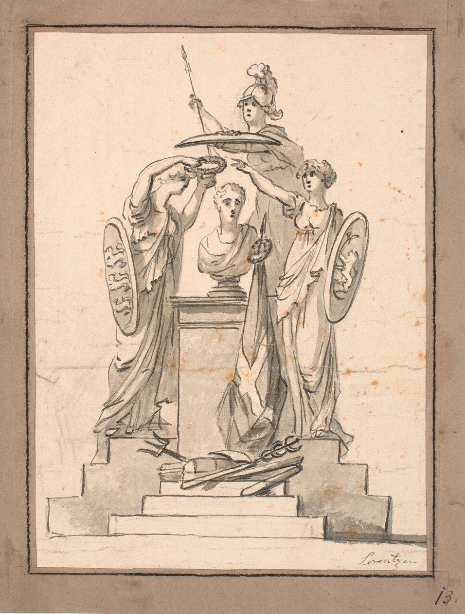 Un busto (¿Fr. VI?) coronado por tres mujeres con escudos de armas de C.A. Lorentzen