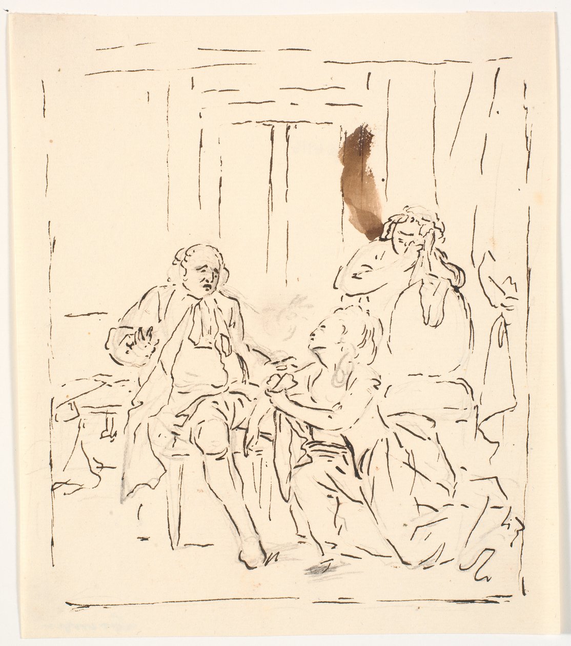 Una mujer arrodillada ante un hombre sentado. En el fondo, una mujer llorando apoyada en una silla. ¿Escena de teatro? de C.A. Lorentzen