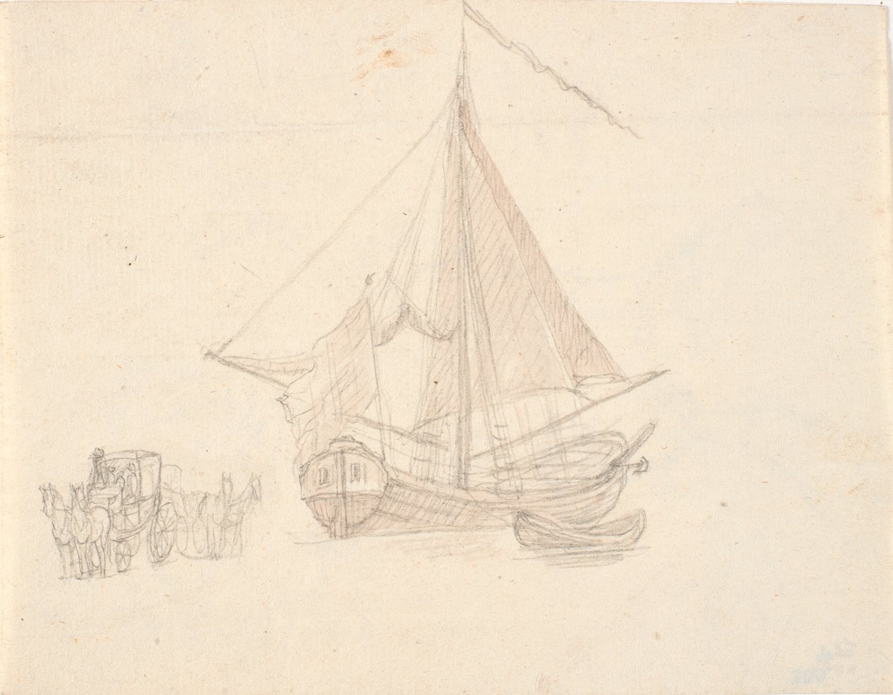 Un barco con vela y bandera y un bote. A la izquierda, dos carros de caballos de C.A. Lorentzen