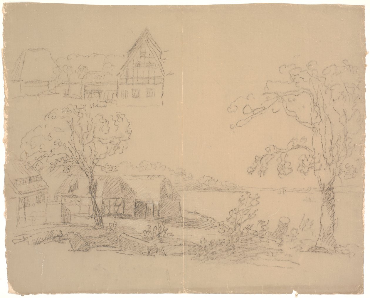 Paisaje con granja junto a un lago. F.o.t.v. una granja de C.A. Lorentzen