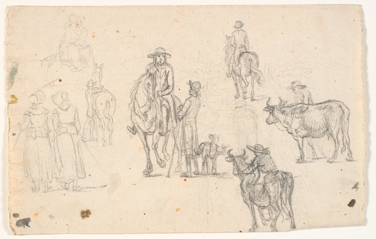 Bocetos con campesinos, caballos y vacas de C.A. Lorentzen