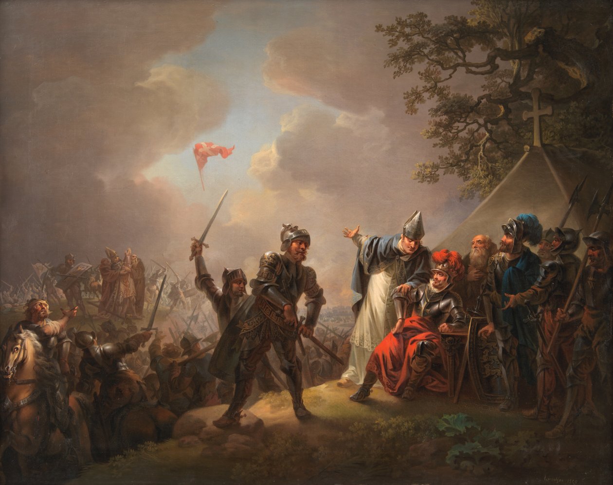 La leyenda de la bandera danesa (el Dannebrog) cayendo del cielo durante la batalla de Lyndanise (Tallin) en Estonia en 1219 de C.A. Lorentzen