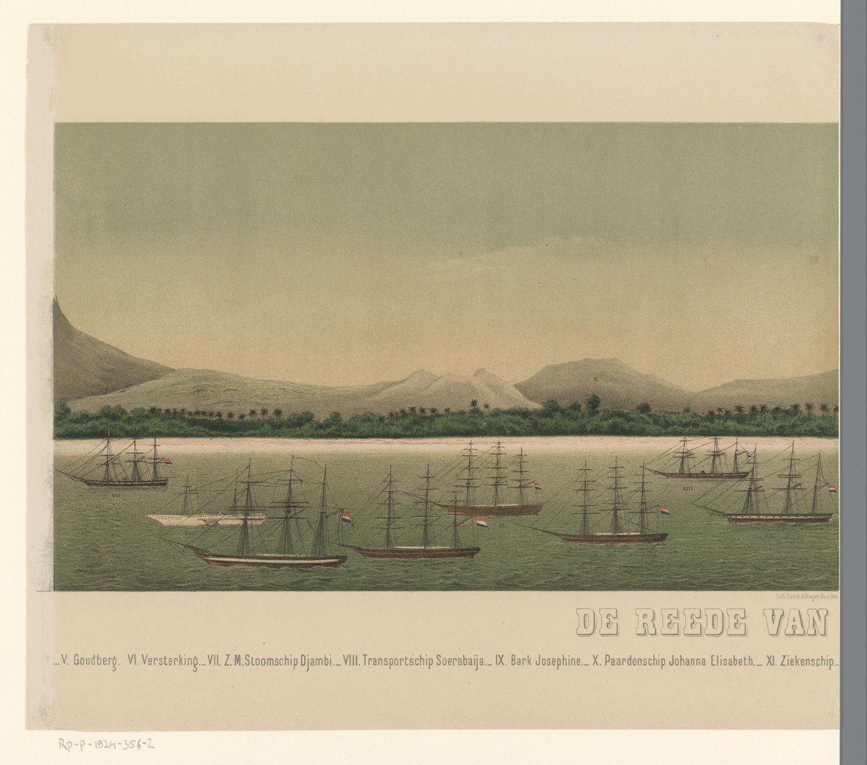 Vista de la costa del Gran Aceh, con la flota de la Primera expedición de Aceh frente a la costa, segunda parte The Greater Aceh Road (título sobre el objeto) de C.A. Whitten