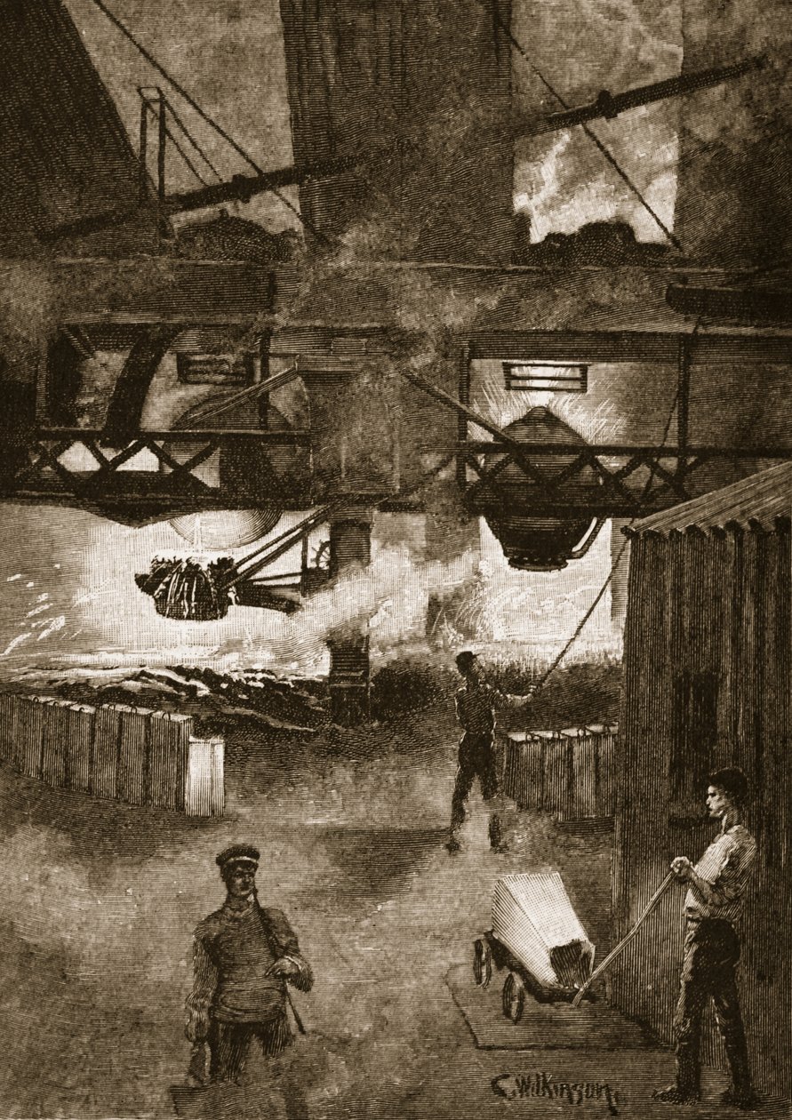El proceso Bessemer, ilustración de «Historia ilustrada de Inglaterra de Cassell» (grabado) (fotografía en sepia). de C.A. Wilkinson