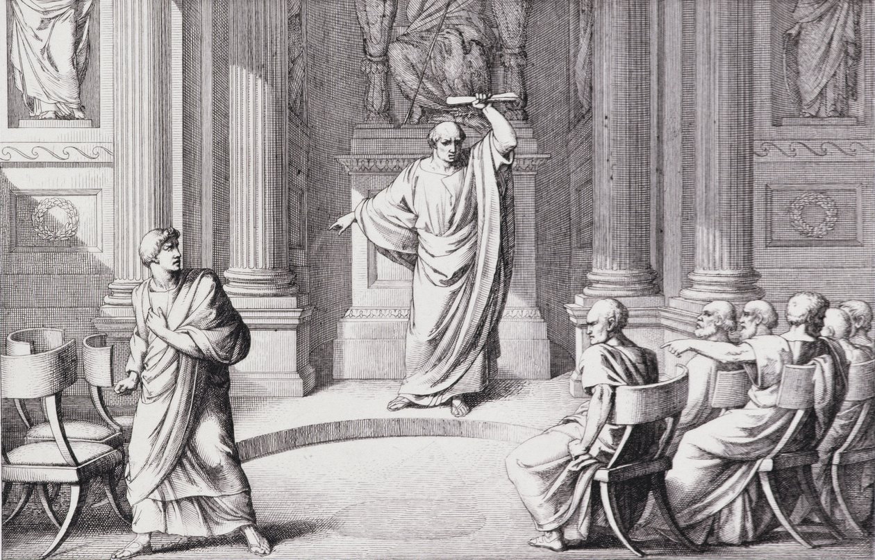 Cicerón denunciando a Catilina, grabado por B. Barloccini, 1849 de C.C Perkins