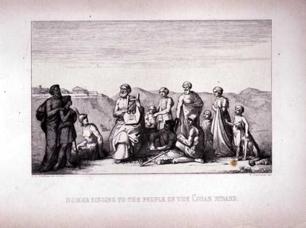 Homero Cantando al Pueblo en la Playa de Chios, grabado por B.Barloccini, 1849 de C.C Perkins