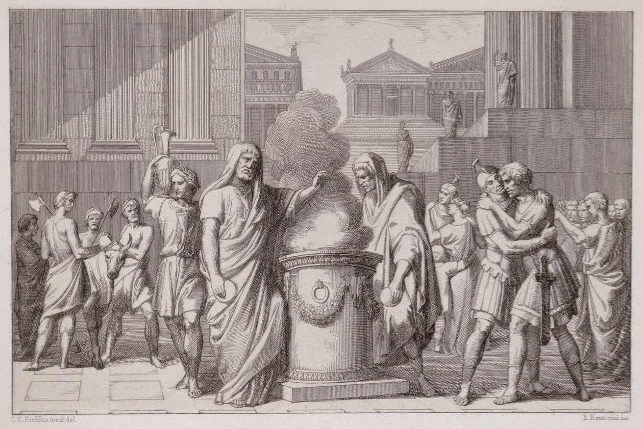 El Encuentro de Camillus y Manlius Después de la Retirada de los Galos, grabado por B.Barloccini, 1849 de C.C Perkins