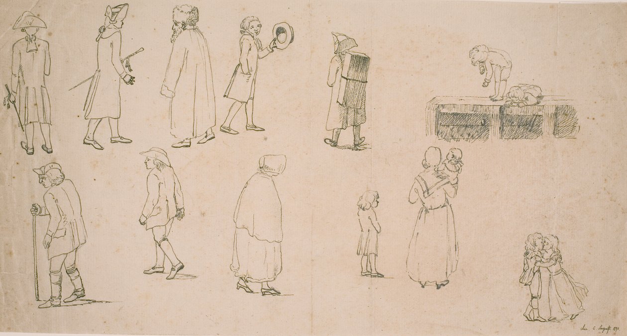 Figuras diversas, incluidas 2 grupos de niños jugando y "pintor de retratos Hansen" de C.D. Fritzsch