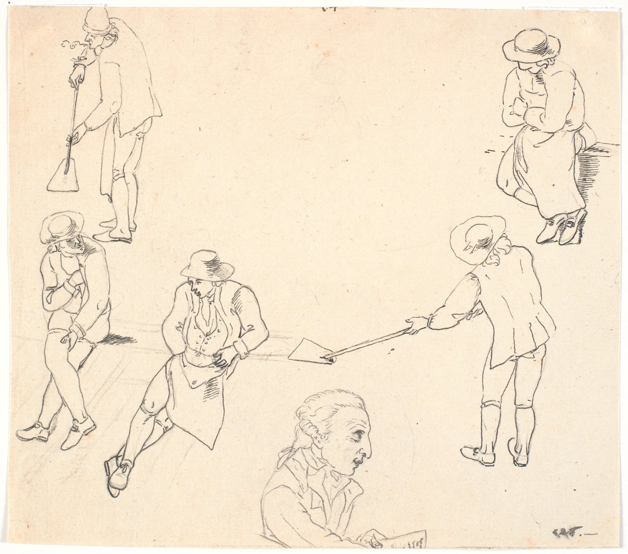 Boceto con seis figuras masculinas, dos con palas, tres sentados, y un perfil masculino de C.D. Fritzsch