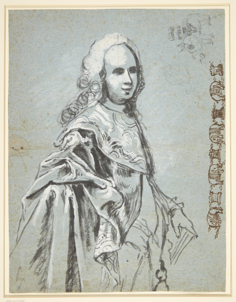 Estudio para un retrato, probablemente de A. G. Moltke; a la derecha en la hoja, estudio para la cadena de la Orden del Elefante de C.G. Pilo