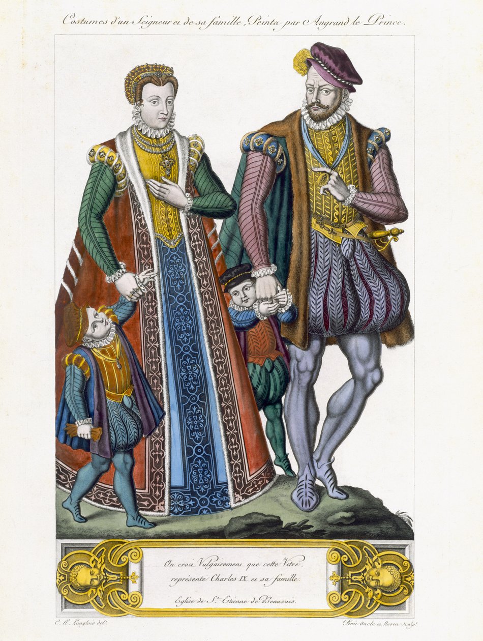 Trajes de un señor y su familia, grabado por Amedee Peree de C.H. Langlois