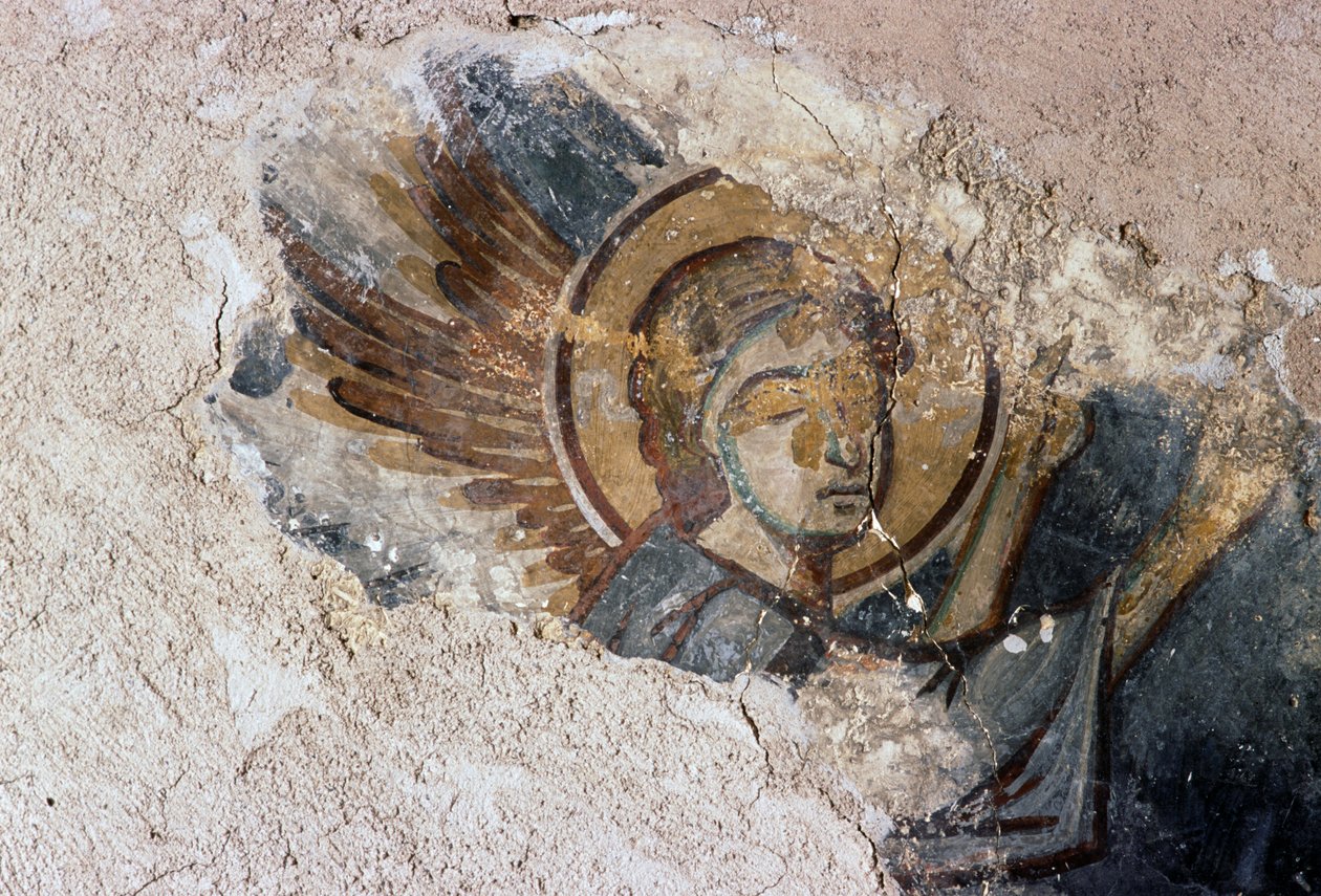 Ángel, fresco en la iglesia bizantina de Agios Georgios, Apodoulou, Creta, Grecia de J.B. and Brown J. Rowbotham