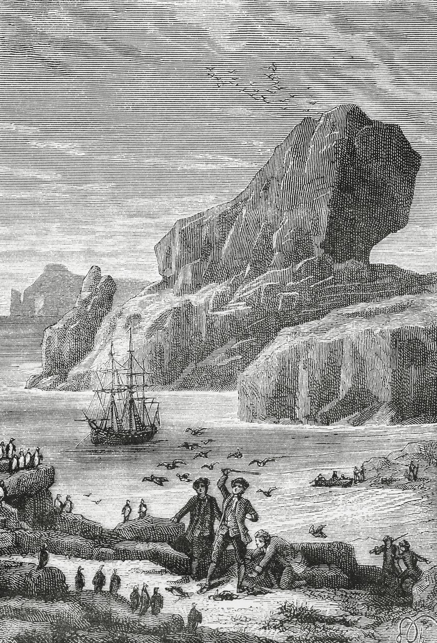 Descubrimiento de Austral Francia (Islas Kerguelen) por el explorador francés Yves-Joseph de Kerguelen-Tremarec (1734-1797), febrero de 1772, grabado, Océano Índico, Territorio de Tierras Australes y Antárticas Francesas de J.B. and Brown J. Rowbotham