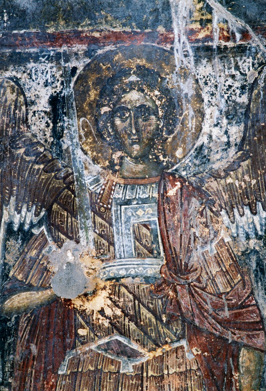 Caballo, fresco dañado en el techo de la iglesia de Agios Vasileios, Vavouledo, Creta, Grecia de J.B. and Brown J. Rowbotham