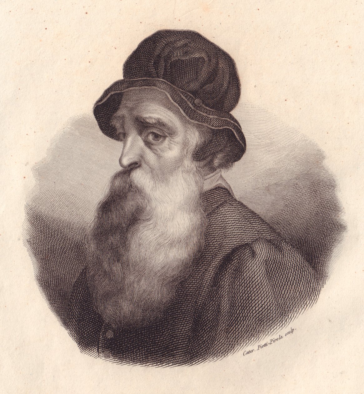 Retrato del escultor y orfebre italiano Benvenuto Cellini, grabado en cobre por Caterina Piotti-Pirola de una pintura de Giorgio Vasari de J.B. and Brown J. Rowbotham