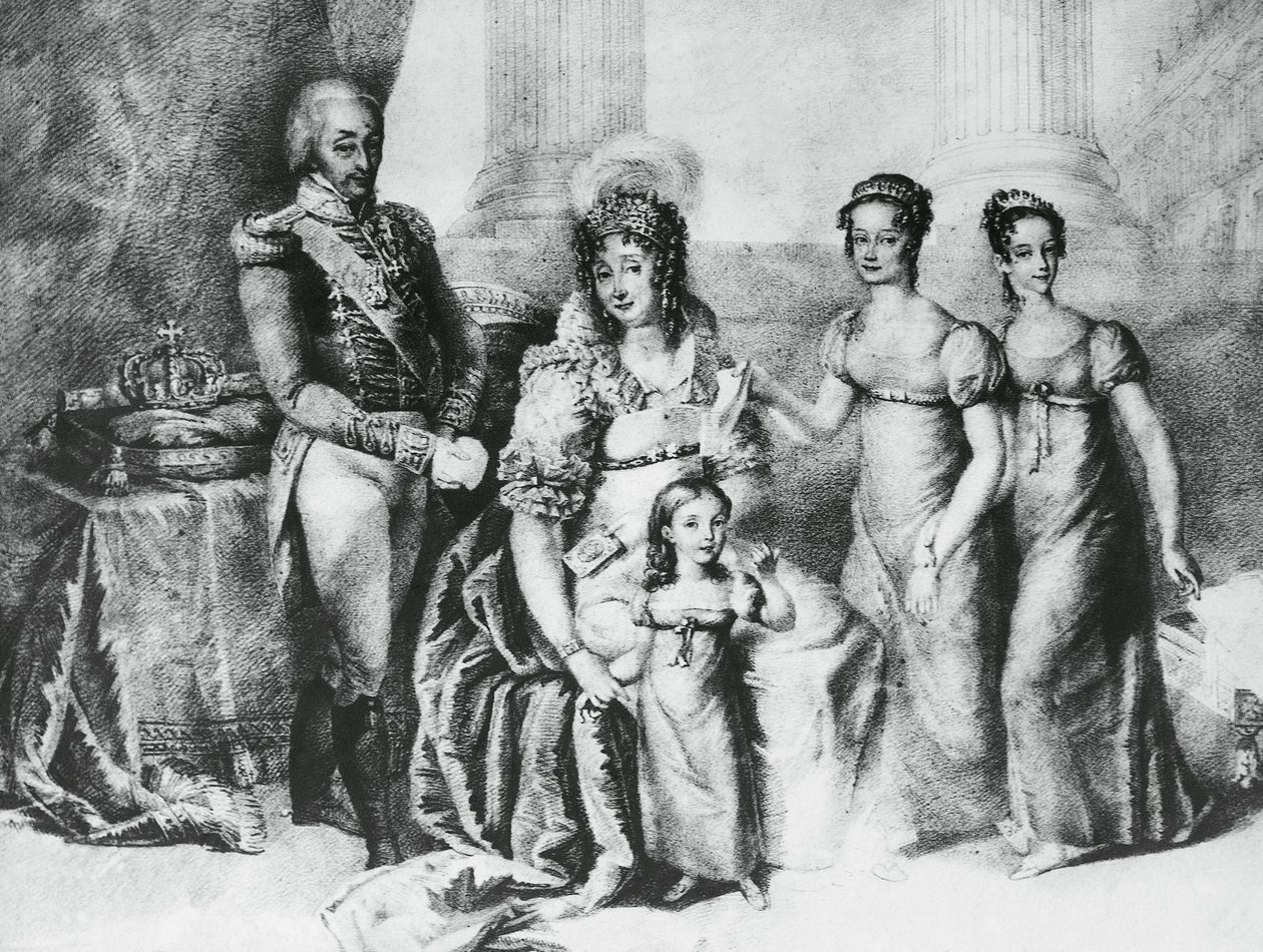 Retrato de Víctor Manuel I, Rey de Cerdeña y Duque de Saboya, Piamonte y Aosta, con su esposa María Teresa de Austria-Este y sus hijas, María Teresa de Saboya (1803-1879), María Ana de Saboya y María Cristina de Saboya, grabado de J.B. and Brown J. Rowbotham