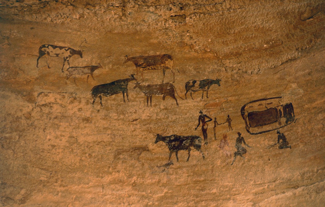 Escena de la vida cotidiana con ganado, arte rupestre, Tassili n