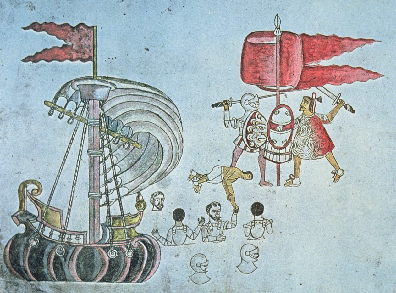 Soldados españoles de Hernán Cortés desembarcan en 1519 para luchar contra los aztecas, copiado del Códice Azcatitlán, c.1550 de J.B. and Brown J. Rowbotham