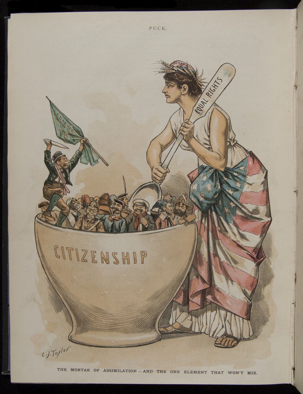 El mortero de la asimilación - Y el único elemento que no se mezcla, ilustración de la revista Puck, 26 de junio de 1889 de C.J. Taylor