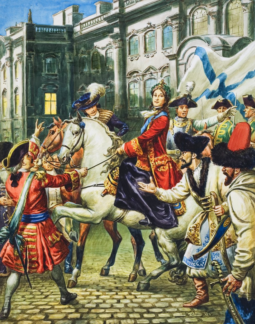 Catalina la Grande (1729-96) se convierte en emperatriz de Rusia tras ser encarcelado su marido, el zar Pedro (gouache sobre papel) de C.L. Doughty