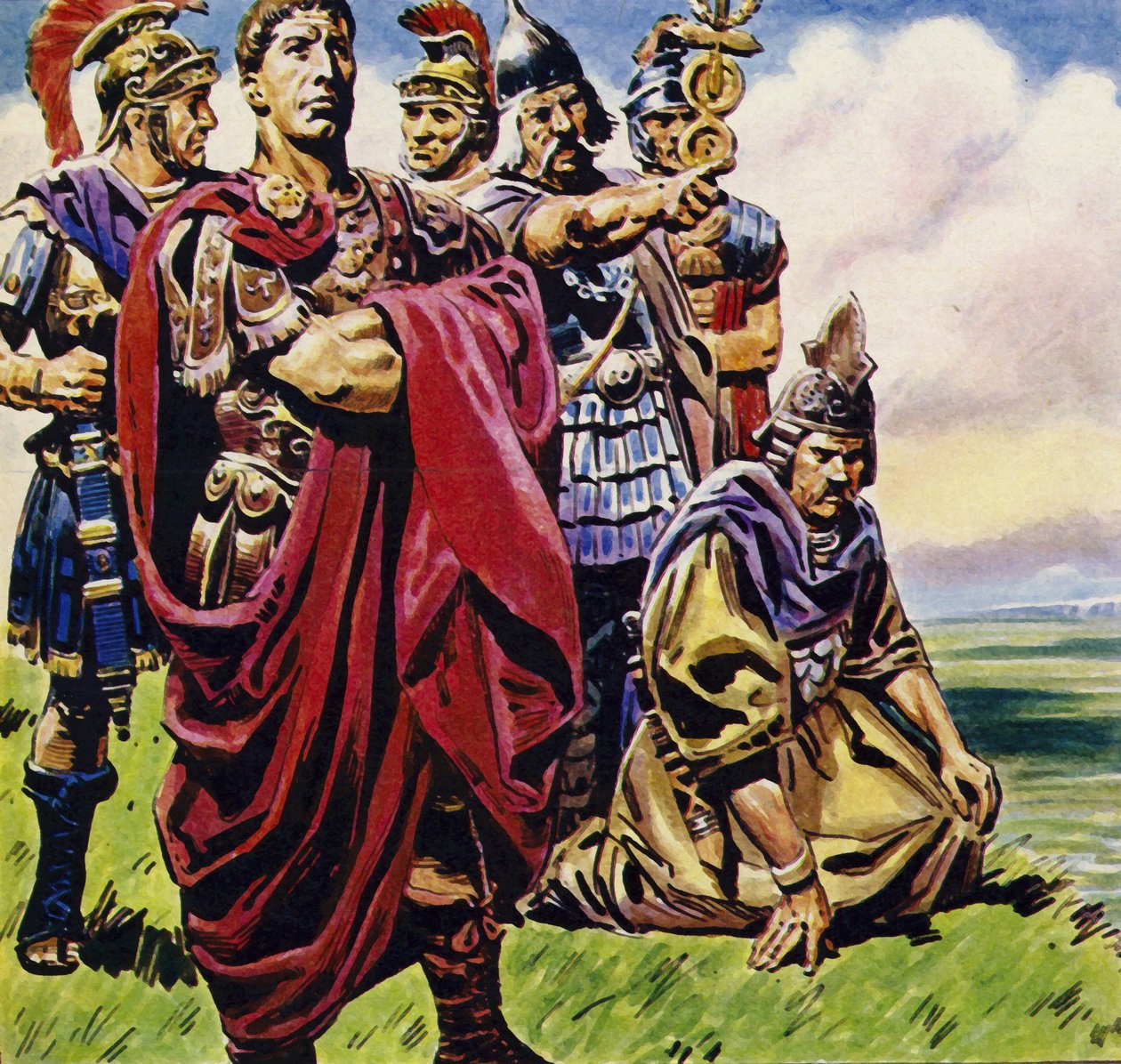 Tras la conquista de la Galia, Julio César pone sus miras en Britania (litografía en color) de C.L. Doughty