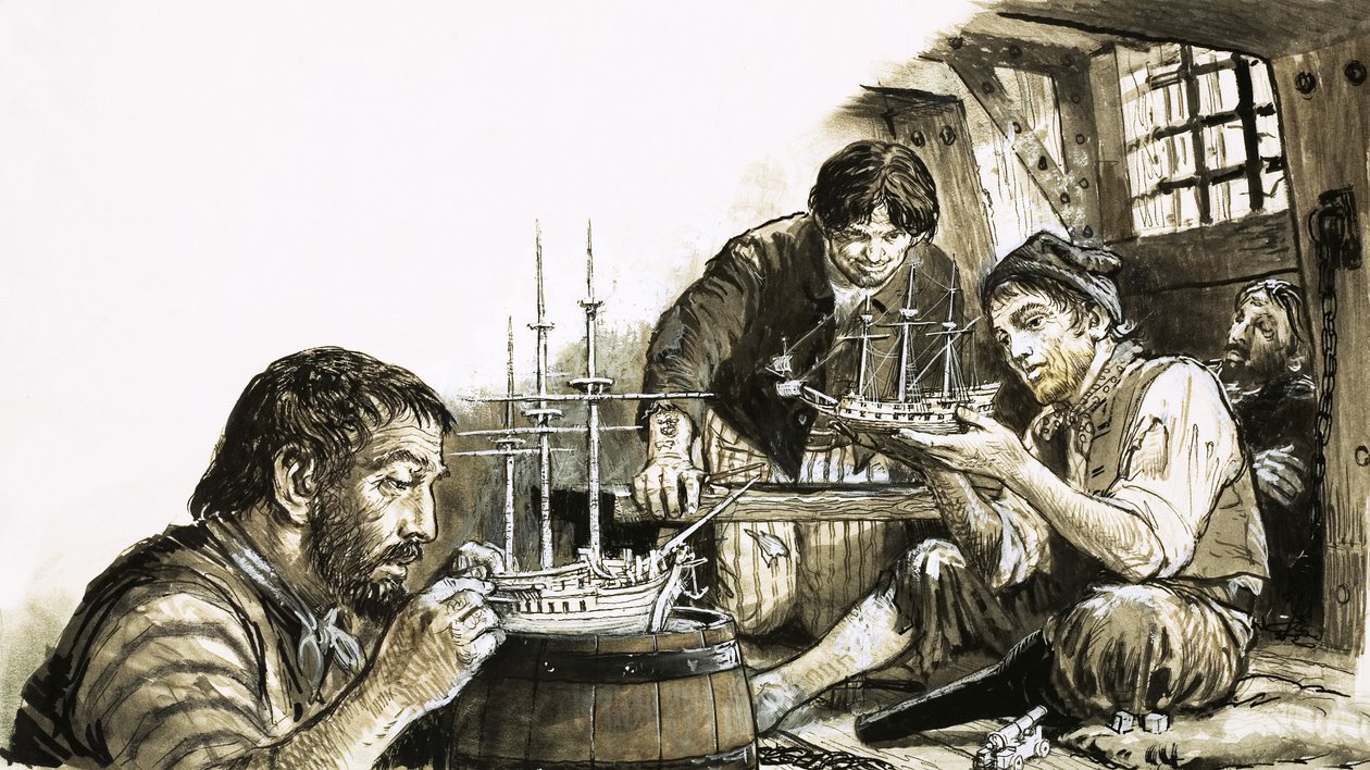 Prisioneros de guerra franceses de las guerras napoleónicas fabricando maquetas de barcos de C.L. Doughty