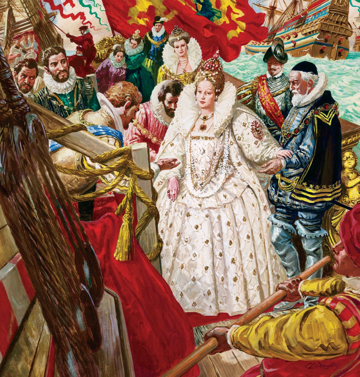 La reina Isabel I (1530-1603) desembarcando, ayudada por Sir Walter Raleigh (1554-1618) (gouache sobre papel) de C.L. Doughty