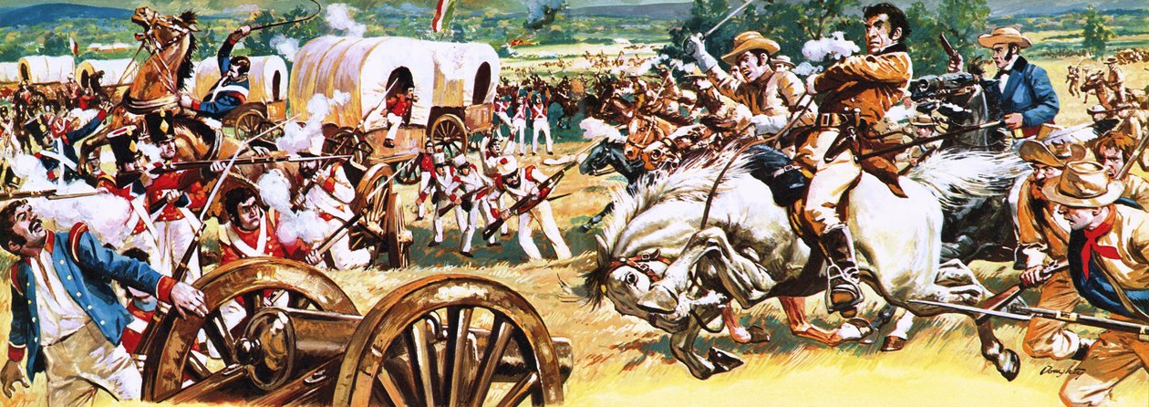 Sam Houston en un caballo blanco cargando contra los mexicanos de C.L. Doughty