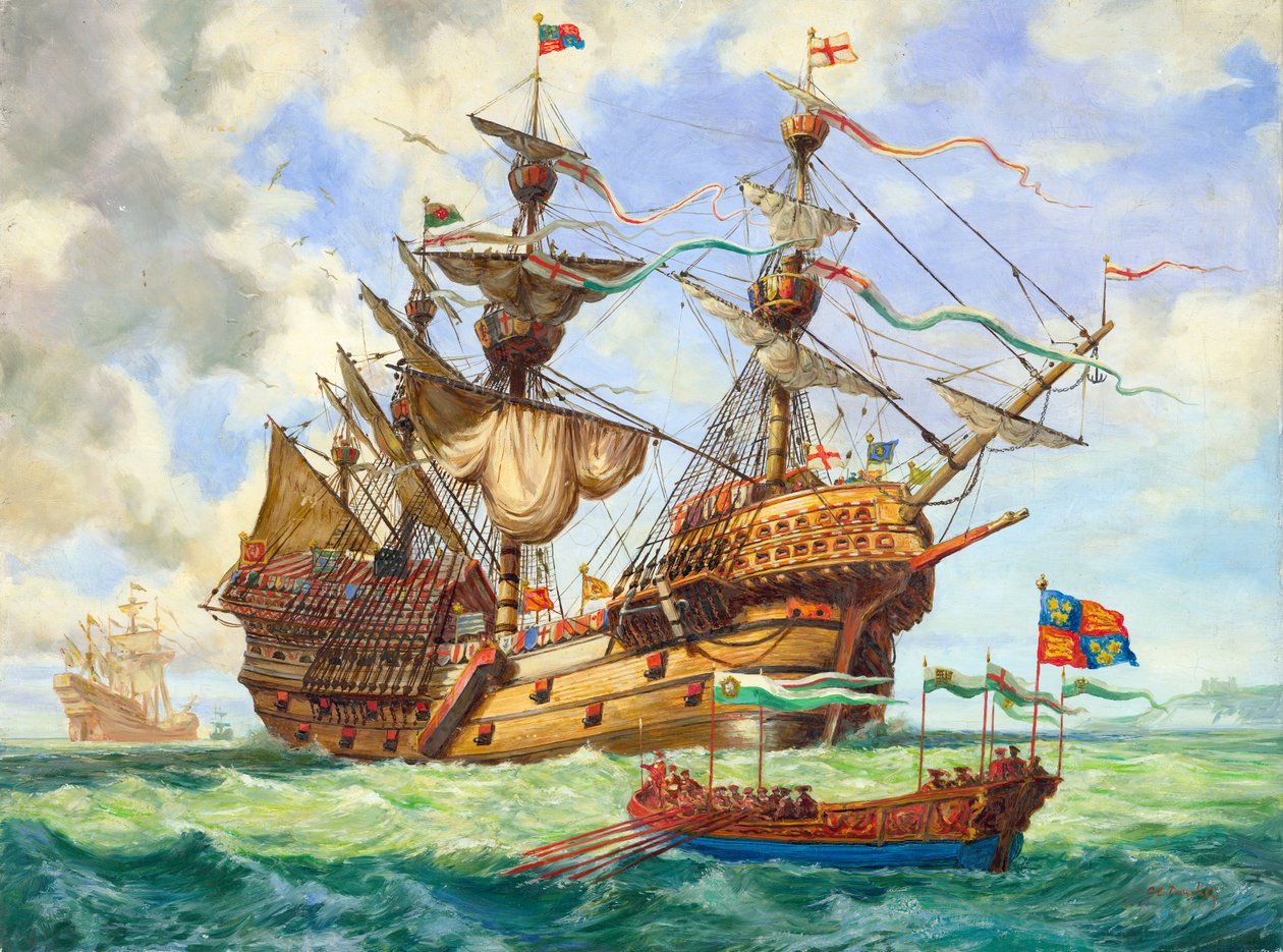 El Gran Harry, buque insignia de la flota del rey Enrique, luciendo muchos de sus 251 cañones (gouache sobre papel) de C.L. Doughty