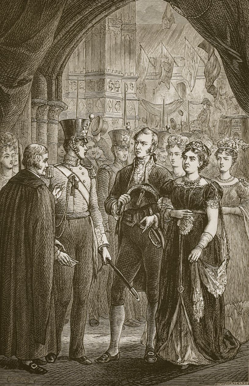 La Reina Carolina exigiendo entrar en la Abadía de Westminster, grabado por Butterworth y Heath de C.O. Murray