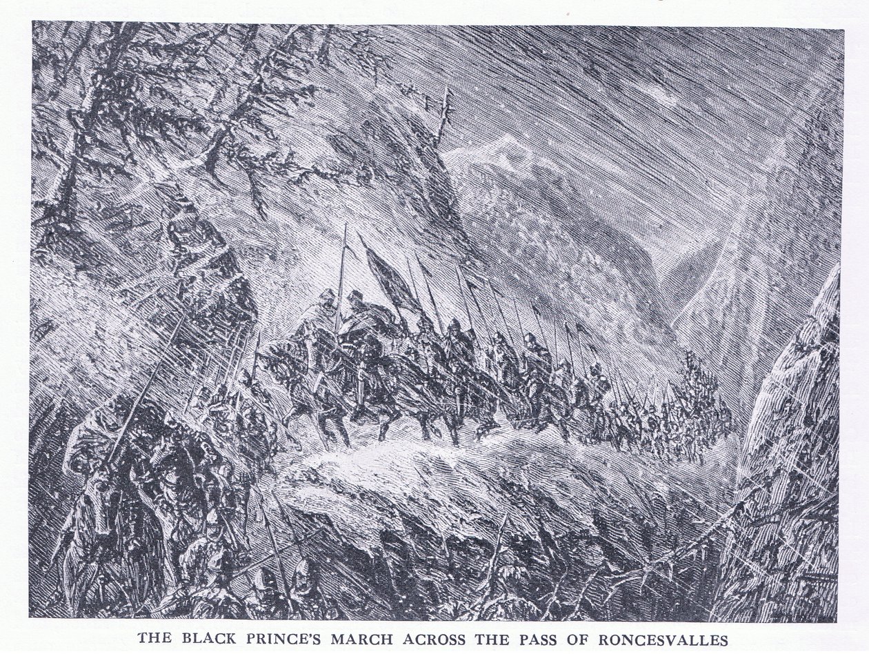 La marcha del Príncipe Negro a través del Paso de Roncesvalles, de Cassells History of the British People publicado por la Waverley Book Company Limited, c.1940 de C.O. Murray