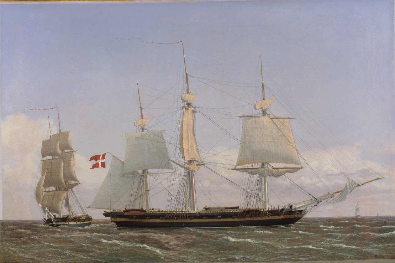 Una Corbeta Danesa Deteniéndose para Conferenciar con un Bergantín Danés: La Escena se Desarrolla en Aguas de las Indias Occidentales de Christoffer Wilhelm Eckersberg