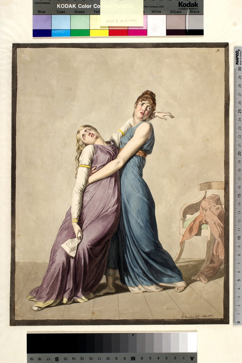 Una mujer sostiene a otra mujer, que se ha desmayado al leer una carta de Christoffer Wilhelm Eckersberg